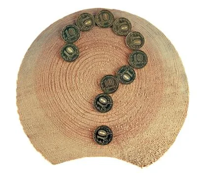 Coins in the form of a question mark on the tree Foto stock