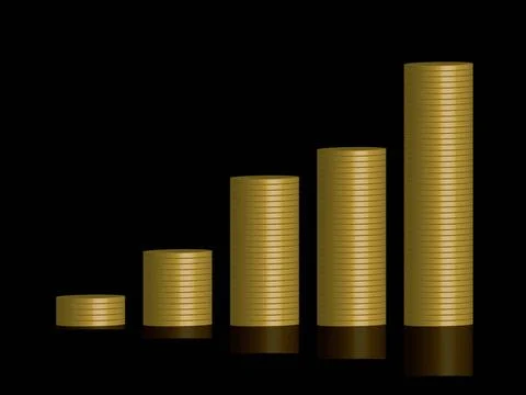 Coins graph black A stack of plain gold coins reflected on a black backgro... Foto stock