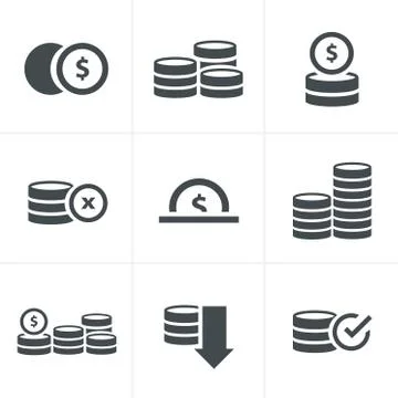 Coins Icons Set, Vector Design black color Stock Illustration