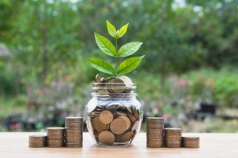 Coins in jar with money stack step growing money, Concept finance business an Stock Photos
