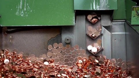 Coins manufactured in money mint machine, steel galvanized with copper Stock Footage
