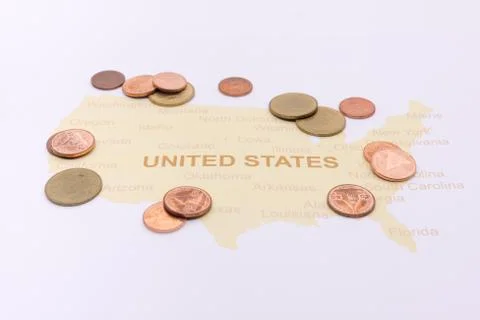 Coins on map American Foto stock