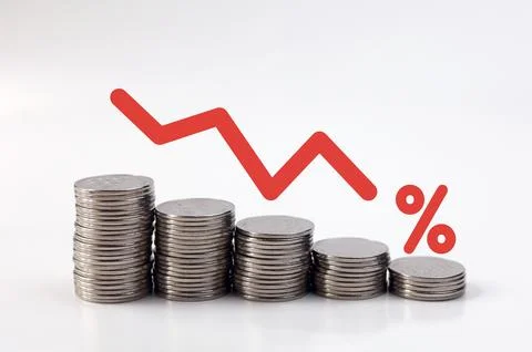 Coins money stacking with down arrow and percentage symbol for financial ba.. Stock Photos