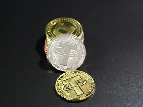 Coins Representing Crypto on Black Background Stock Photos