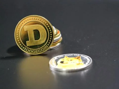 Coins Representing Crypto on Black Background Stock Photos