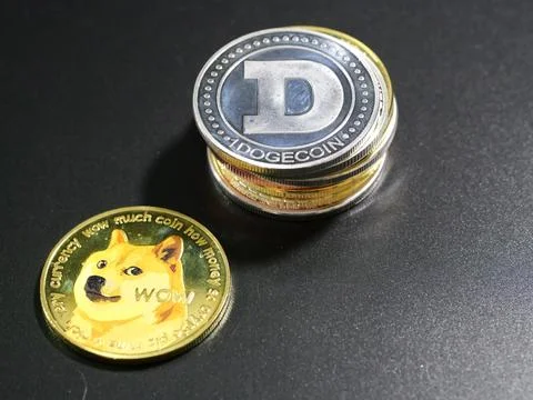 Coins Representing Crypto on Black Background Stock Photos