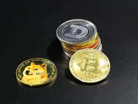 Coins Representing Crypto on Black Background Stock Photos