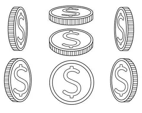 Coins. A set of coins from different angles. Abstract or game money drawn Stock Illustration