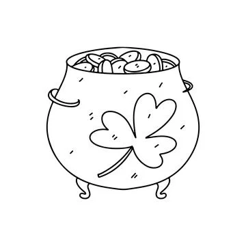 Coins in the st. patrick s pot decorated with clover in hand drawn doodle sty Stock Illustration