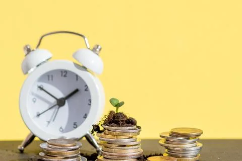 Coins stack and alarm clock on yellow background.Seedlings on coins in glass Stock Photos