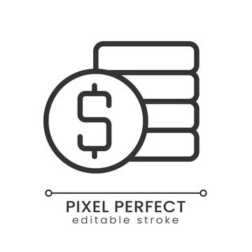 Coins stack and dollar symbol pixel perfect linear icon Stock Illustration