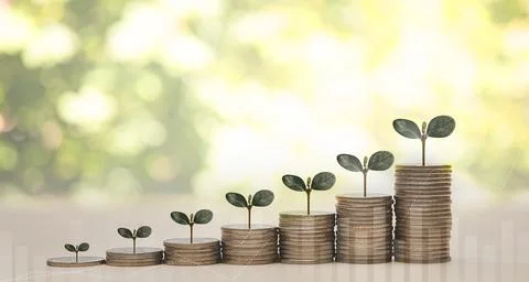 Coins stack and leaf with  line graph  business connect on nature background, Stock Photos