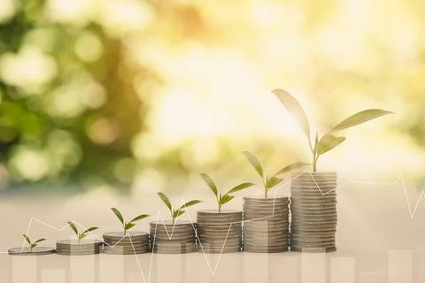 Coins stack and leaf with  line graph  business connect on nature background, Stock Photos