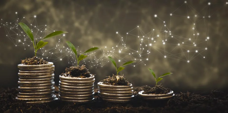 Coins stack and leaf with  line graph  business connect on nature background, Stock Photos