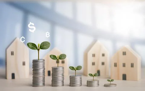 Coins stack and leaf with line graph business connect on white background, Sa Stock Photos