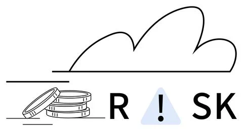 Coins stack beside RISK text, caution symbol replaces I, line graph curves ab Stock Illustration