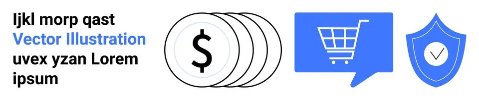 Coins stack with dollar symbol, blue shopping cart icon in chat bubble, shiel Stock Illustration