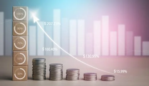 Coins stack in front of square wood and icon arrow business, Save money conce Foto stock