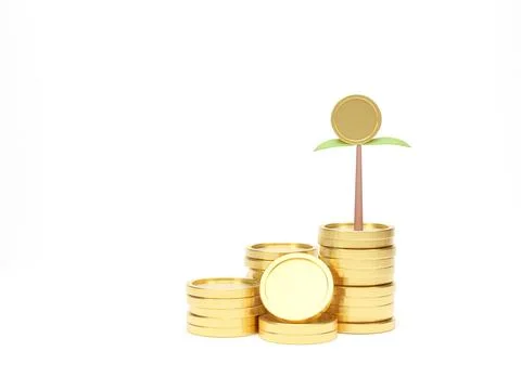 Coins stack growth with trees coin on white background. Growth, finance and i Illustrazione stock