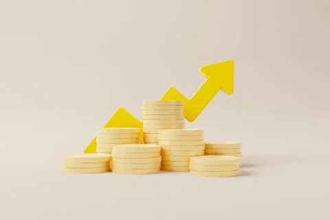 Coins stack growthing meaning increase money value with arrow sign. Save mo.. Illustrazione stock