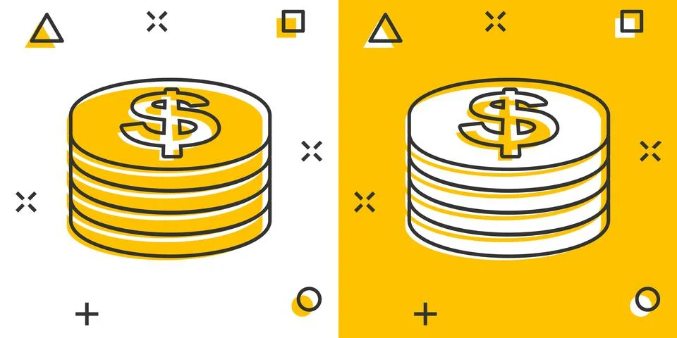 Coins stack icon in comic style. Dollar coin vector cartoon illustration pict Stock Illustration