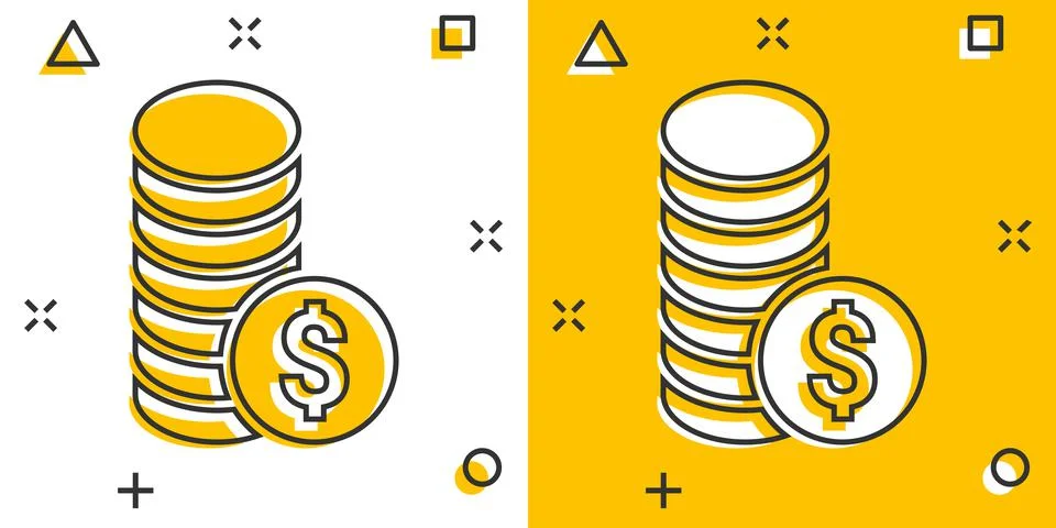 Coins stack icon in comic style. Dollar coin cartoon vector illustration on w Stock Illustration