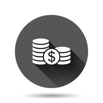 Coins stack icon in flat style. Dollar coin vector illustration on black roun 스톡 일러스트
