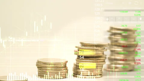 Coins stack increase with business data hologram. business growth concept. Stock Footage 168871341