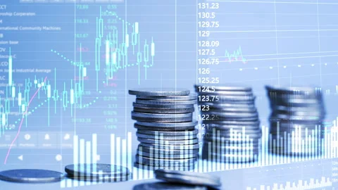 Coins stack increase with business data hologram. business growth concept. 库存影片 168871379