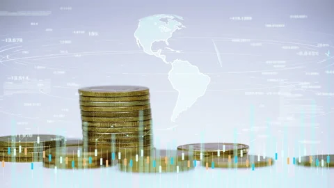 Coins stack increase with business data hologram. business growth concept. Stock Footage 207986325