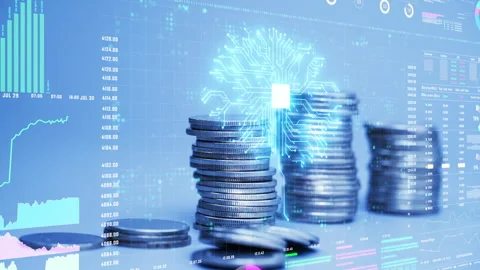 Coins stack increase with business data hologram. business growth concept. Stock Footage 245325836