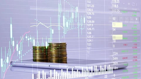 Coins stack increase on smart phone with business data hologram. Stock Footage 232463754
