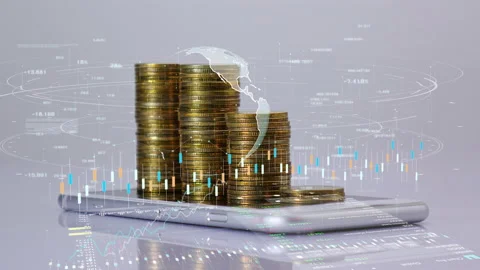 Coins stack increase on smart phone with business data hologram. Stock Footage 232465290