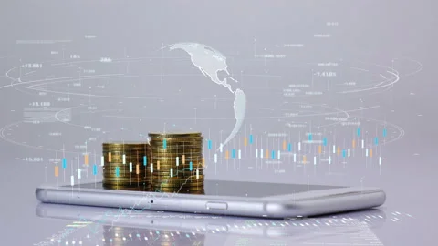 Coins stack increase on smart phone with business data hologram. Stock Footage 232465597