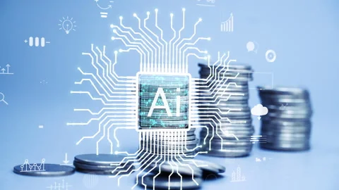 Coins stack increase stop motion with Ai technology on circuit board. Stock Footage 257748887