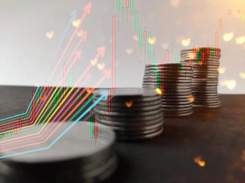 Coins stack increasing trend with trend line double exposure image Stock Photos