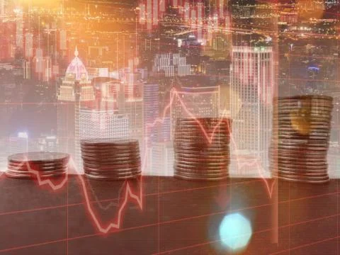 Coins stack increasing trend with trend line double exposure image Stock Photos