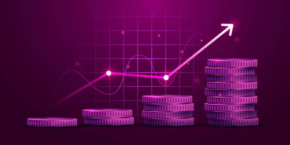 Coins stack with a rising arrow chart on a grid background, illustrating Stock Illustration
