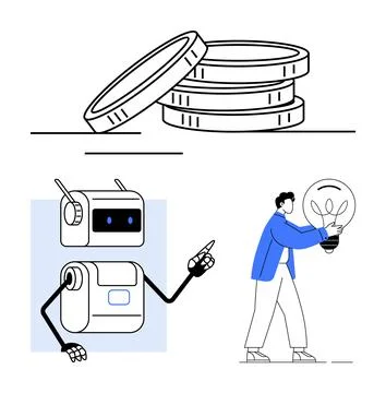 Coins stack robot pointing, person holding light bulb. Ideal for innovation,  Stock Illustration