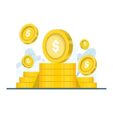 Coins stack vector illustration. Gold coin pile with one standing coin on top Stock Illustration