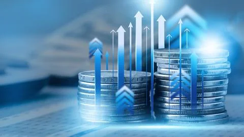 Coins stacked with arrows rising on a graph indicating growth in finance and Stock Illustration