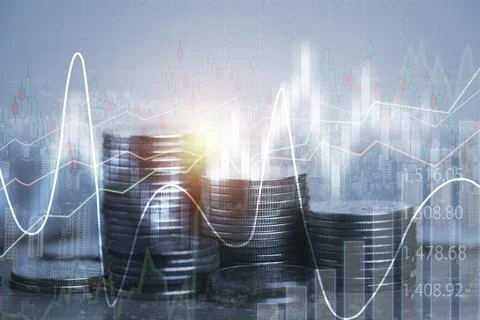 Coins stacking and technical chart graph for stock market investment Stock Photos