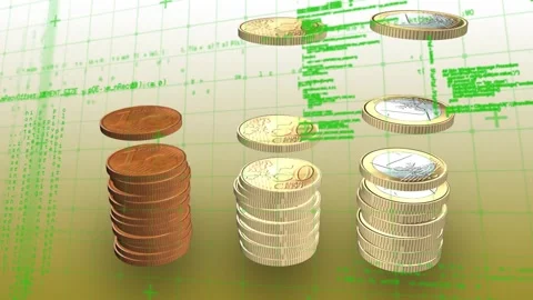 Coins starting fall rotating and stacking into three Cu or Au or Ag piles with Stock Footage 333774865