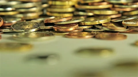 Coins on the table. Close up, follow focus shot. Video stock 32421023