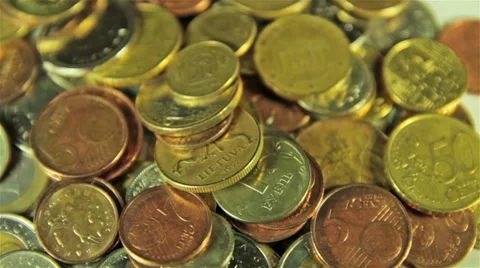 Coins on the table. Close up, rotation shot. Stock Footage 32420816
