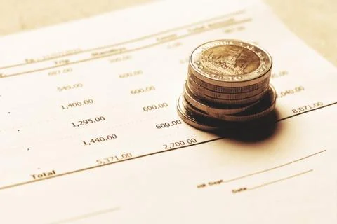Coins thailand stack on summary report with saving planning investment concep Stock Photos