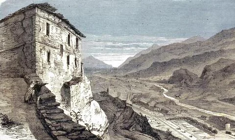 Col du Mont Cenis view of a railway line of the Mont Cenis Railway which was in Stock Illustration