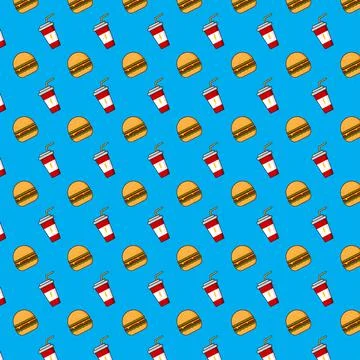Cola and burger pattern, on a blue background. Vector image. Stock Illustration