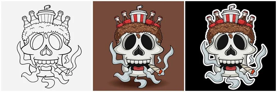 Cola Drink Inside Skull Head With Smoking Character Cartoon. Black White, C.. Stock Illustration