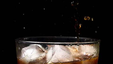 Cola Pouring Over Ice in Glass, Slow Motion Close-Up Stock Footage 346087313